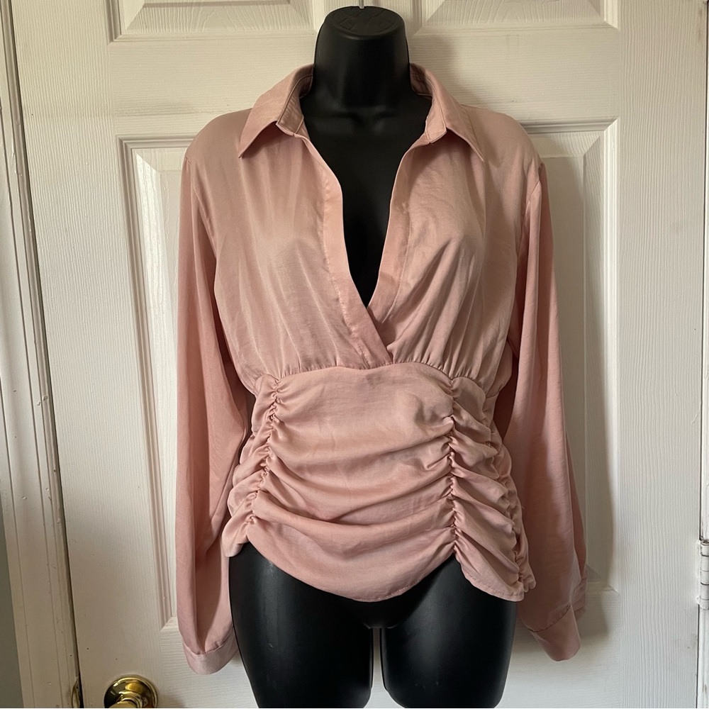 VENUS Blush Pink Ruched Button-Down Wrap Top